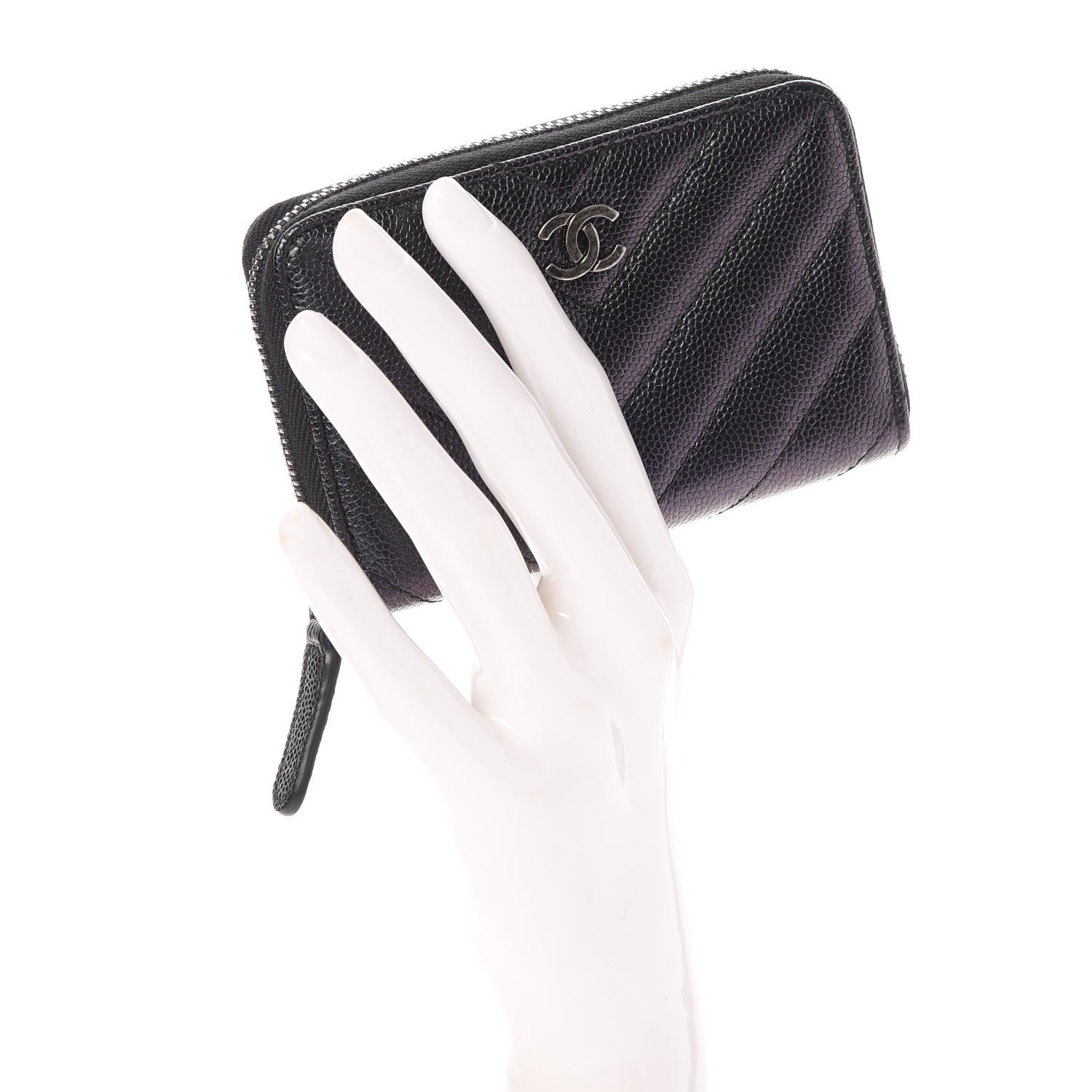 Chanel Iridescent Caviar Chevron Quilted Zip Around Coin Purse Black 2 of 8