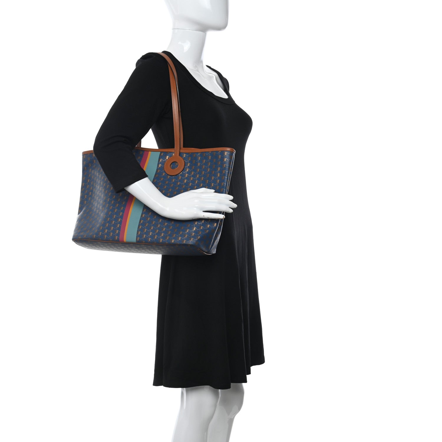 Moynat Grained Calfskin Canvas 1920 Oh! Tote Ruban Duo MM Indigo Bronze Cognac 2 of 15