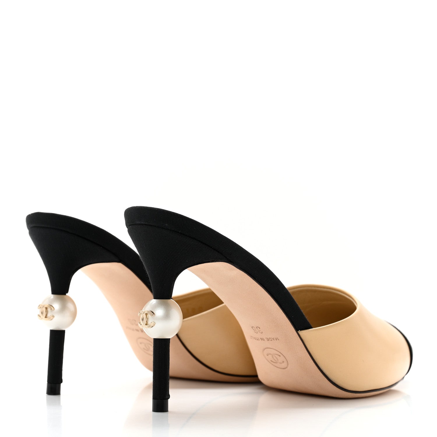 Chanel Goatskin Grosgrain Cap Toe Pearl Mule 36 Beige Black 4 of 13