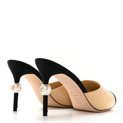 Chanel Goatskin Grosgrain Cap Toe Pearl Mule 36 Beige Black 4 of 13