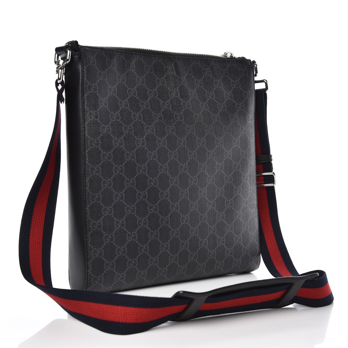 GG Supreme Monogram Appia Calfskin Web Flat Messenger Bag Black Grey