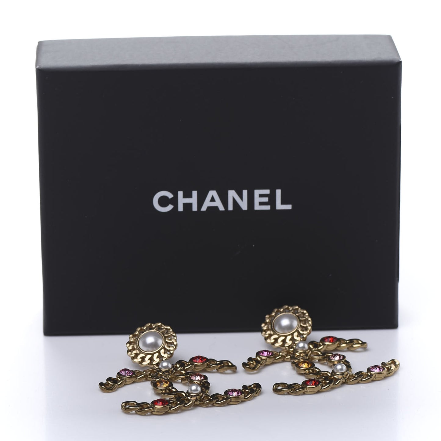 Pearl Crystal Chain Link CC Drop Earrings Gold Red Pink Yellow