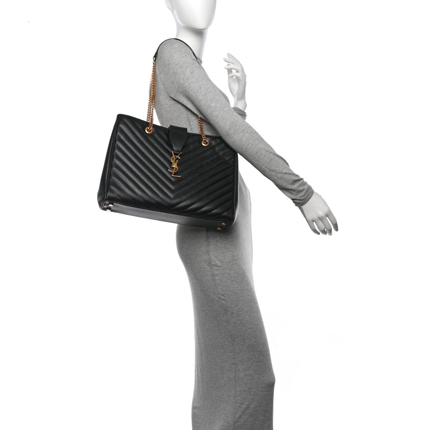 Saint Laurent Grain De Poudre Matelasse Chevron Monogram Shopping Bag Black 2 of 14