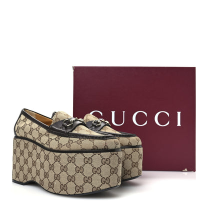 Gucci Monogram Horsebit Calfskin Womens Horsebit Wedge Platform Loafers 40 Beige Blue 9 of 9