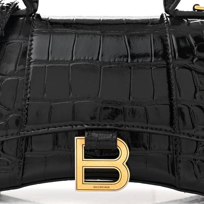 Balenciaga Shiny Calfskin Crocodile Embossed Hourglass Top Handle Bag XS Black 9 of 13