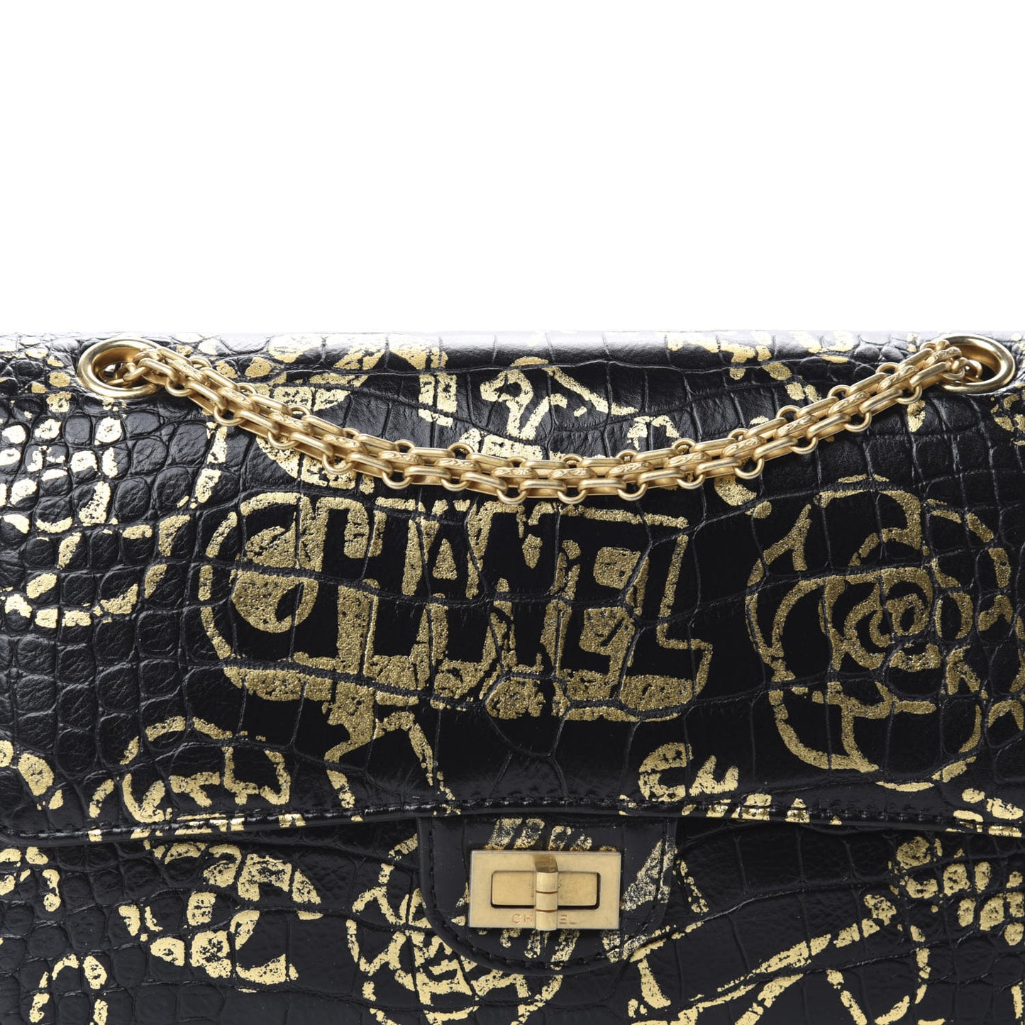 Calfskin Crocodile Embossed Graffiti 2.55 Cocodile Reissue 225 Flap Black Gold