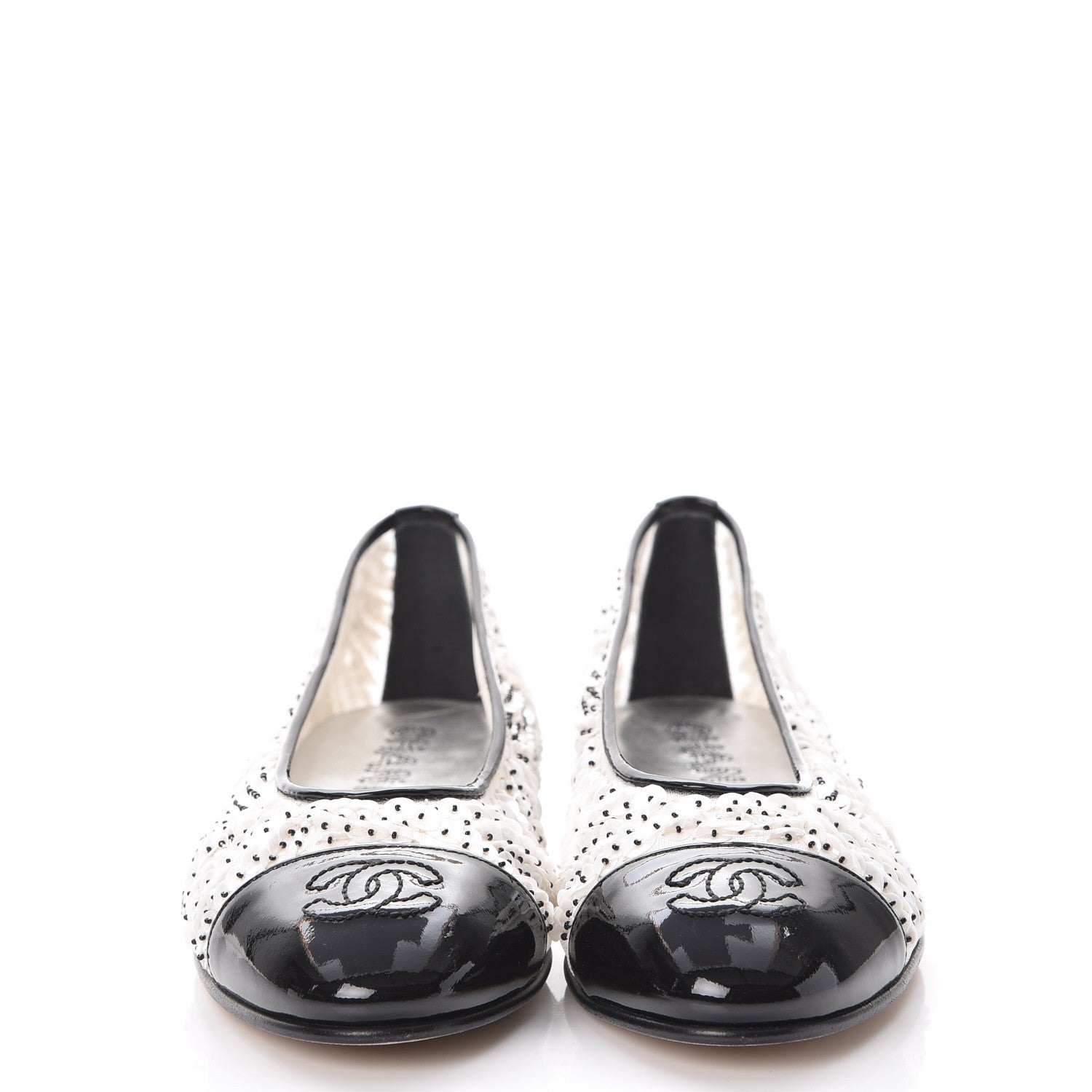 Chanel Patent Calfskin Sequin Embroidered Cap Toe Ballerina Flats 36 White Black 2 of 10