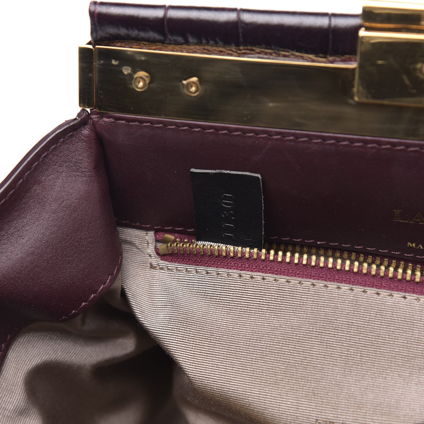 Crocodile Stamped Calfskin Trilogy Clutch Aubergine