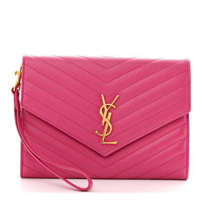 Saint Laurent Grain De Poudre Matelasse Chevron Monogram Envelope Clutch Fuchsia 1 of 11