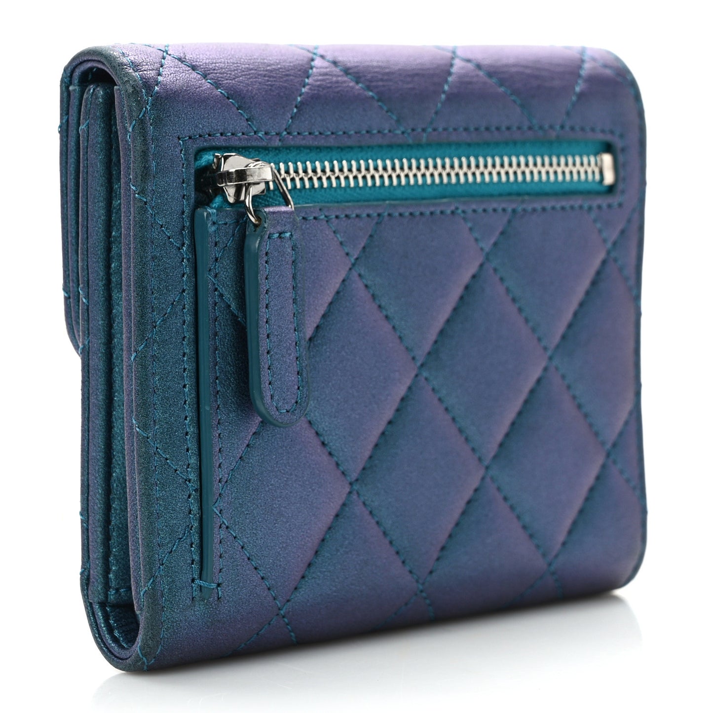 Metallic Lambskin Quilted Compact Flap Wallet Turquoise