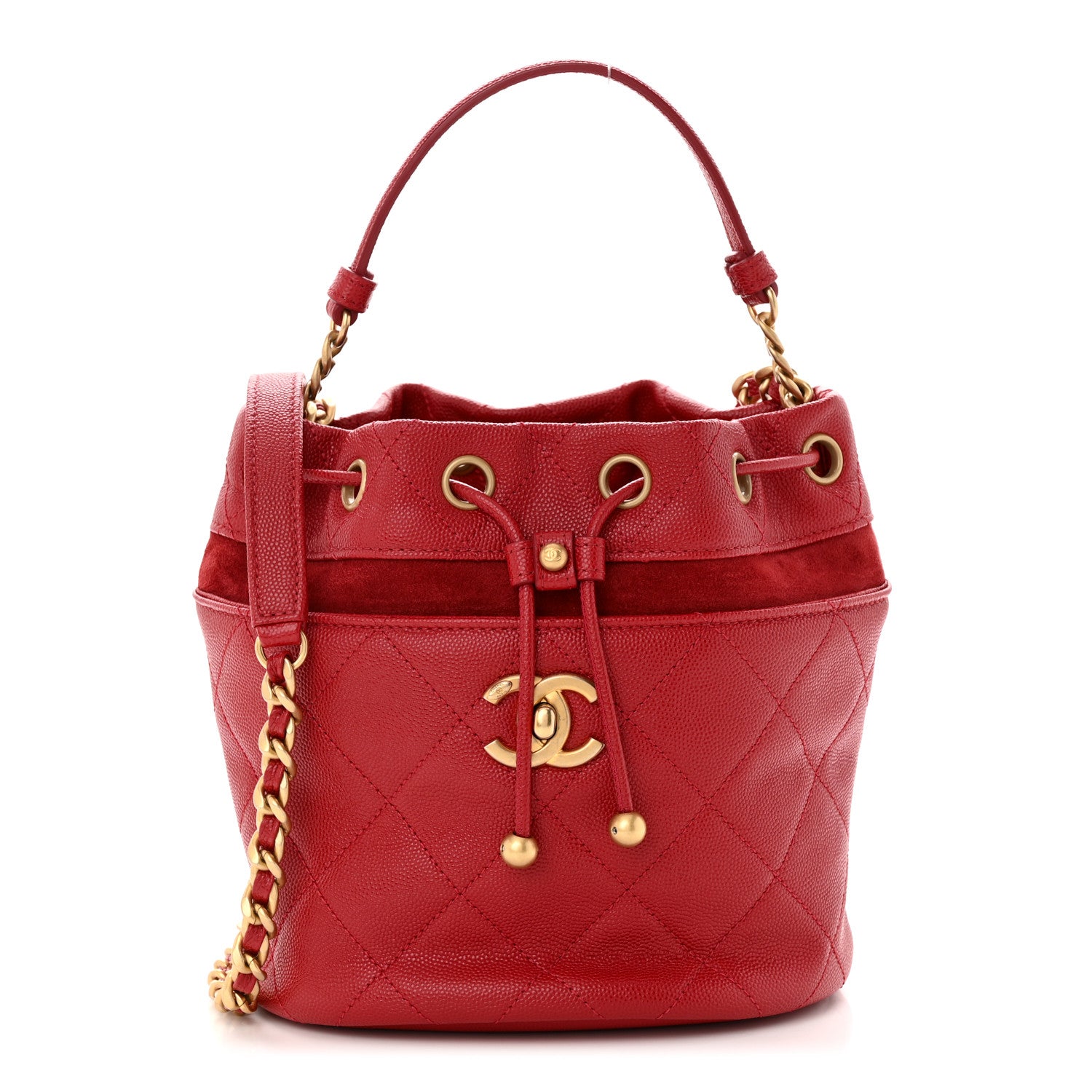 Chanel Caviar Suede Quilted Drawstring Bucket Bag Dark Red 1 of 11
