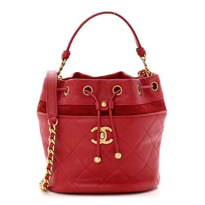 Chanel Caviar Suede Quilted Drawstring Bucket Bag Dark Red 1 of 11