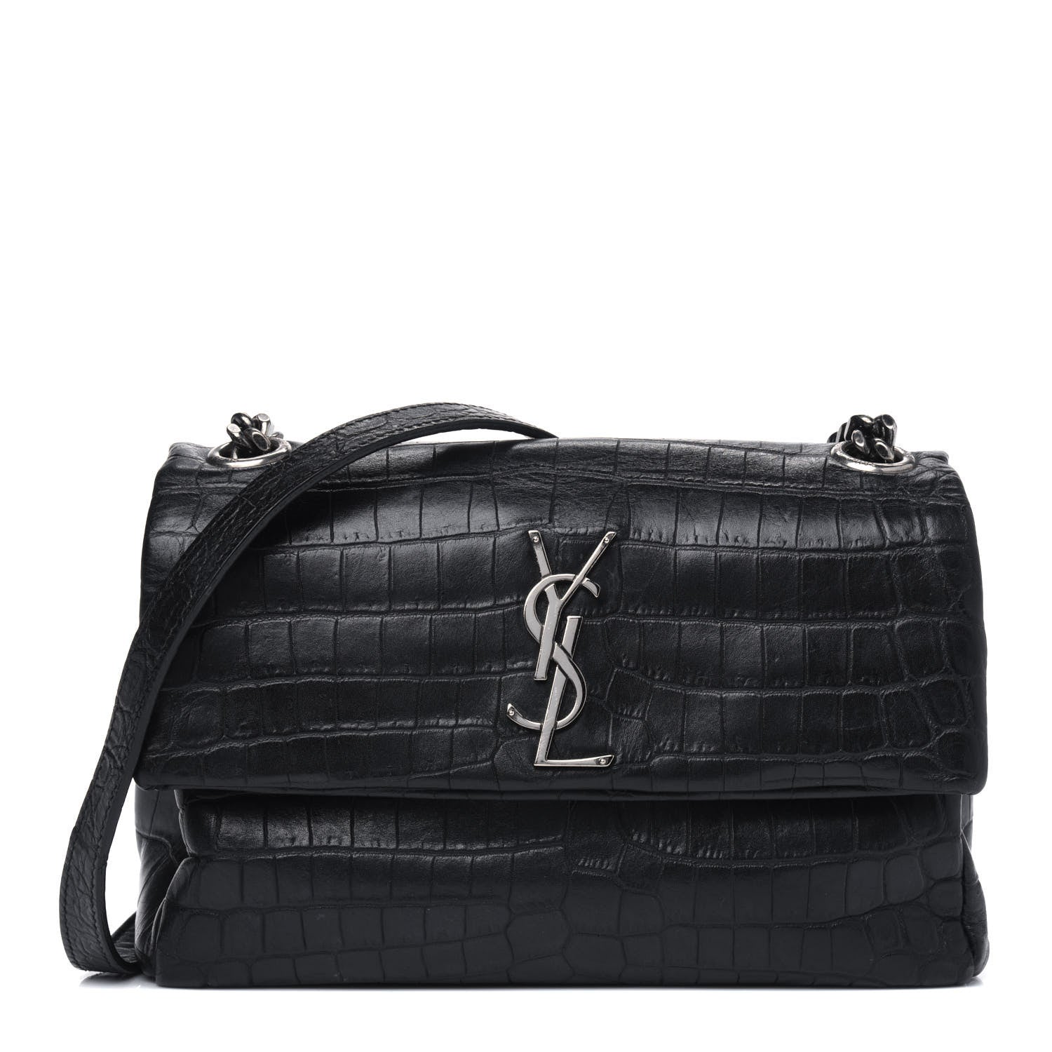 Saint Laurent Calfskin Crocodile Embossed Small West Hollywood Monogram Fold-Over Bag Black 1 of 7