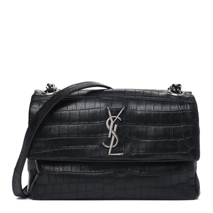 Saint Laurent Calfskin Crocodile Embossed Small West Hollywood Monogram Fold-Over Bag Black 1 of 7
