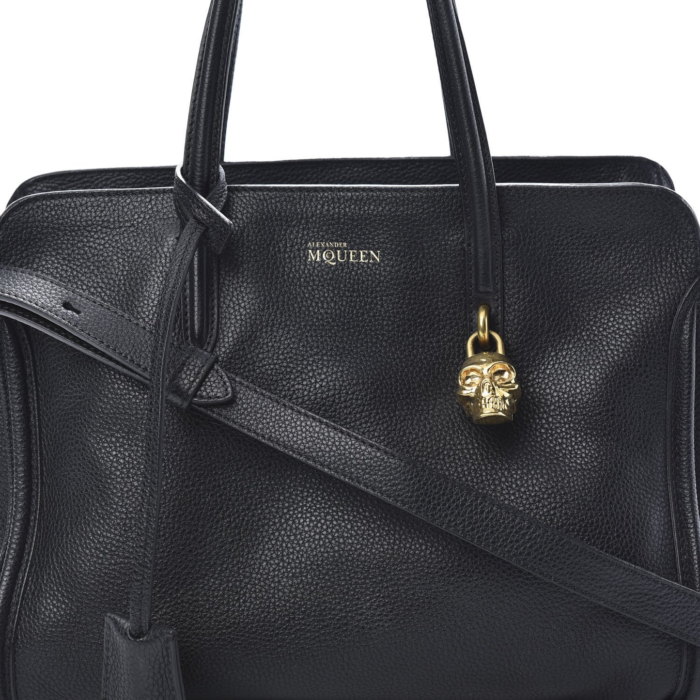 Pebbled Calfskin Small Skull Padlock Zip Around Tote Black