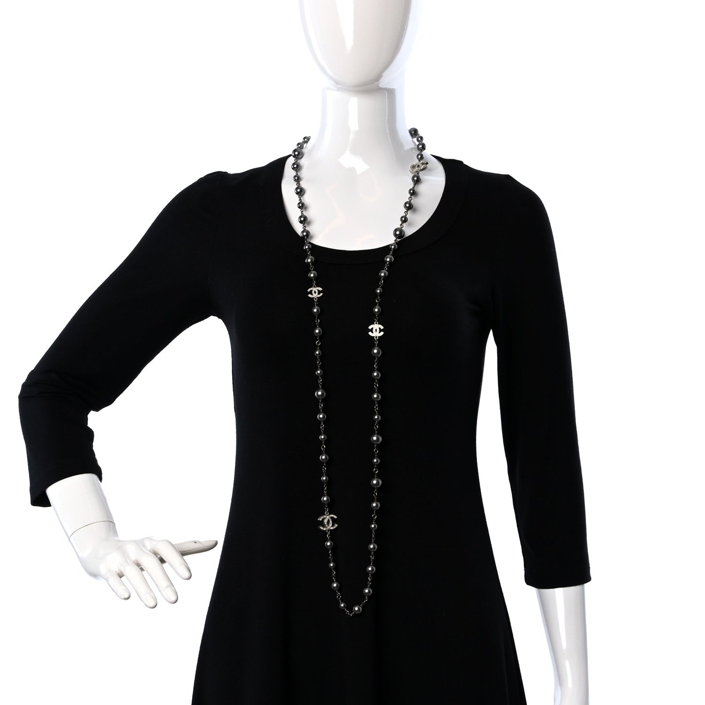 Crystal Pearl Beaded CC Long Necklace Ruthenium