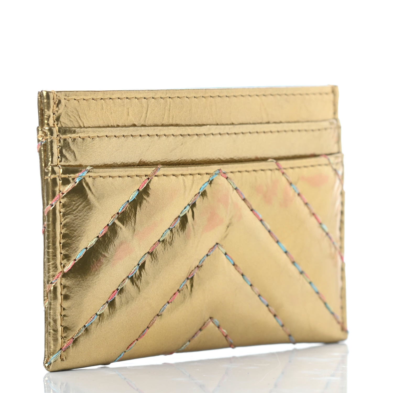 Chanel Metallic Calfskin Chevron Quilted Card Holder Gold 3 of 9