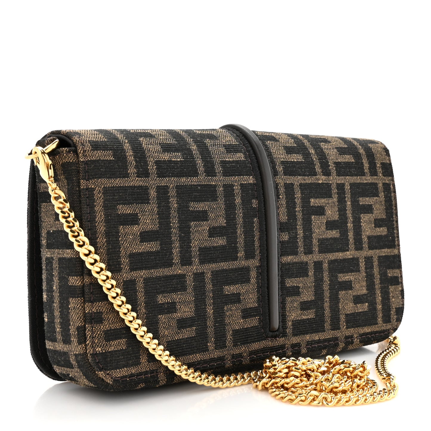 Fabric Jacquard Vitello Grace FF 1974 Fendigraphy Wallet On Chain Tobacco Moro Ebano