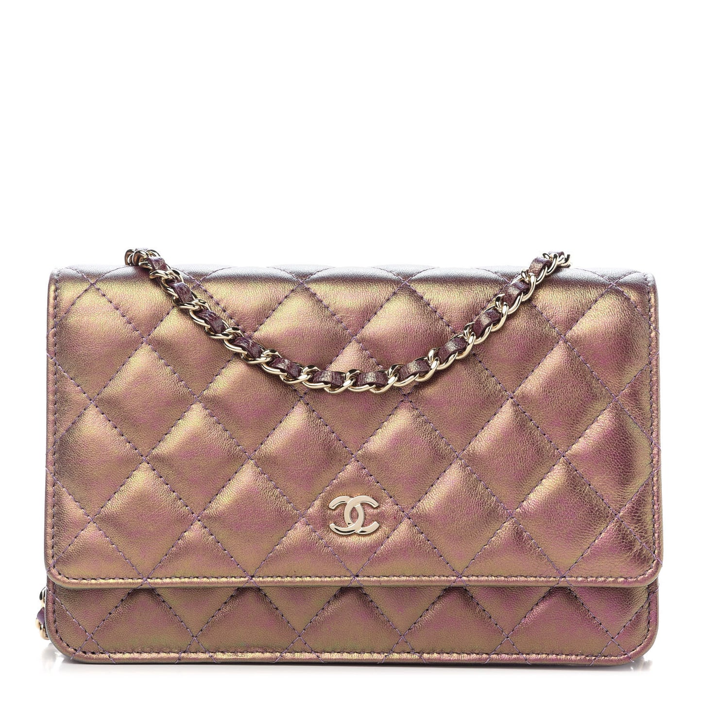 Iridescent Lambskin Quilted Wallet On Chain WOC Dark Purple