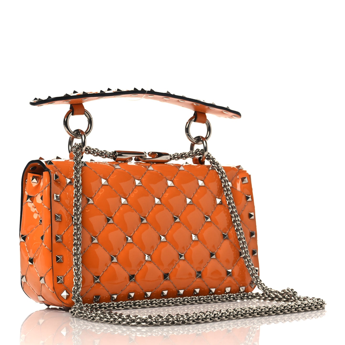 Patent Small Rockstud Spike Shoulder Bag Orange
