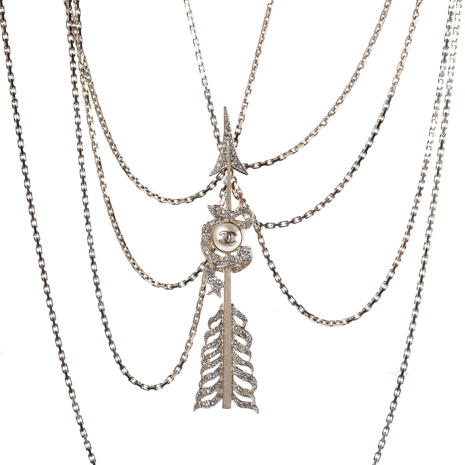 Chanel Crystal Pearl Multi Strand Chain CC Arrow Necklace Gold 4 of 6