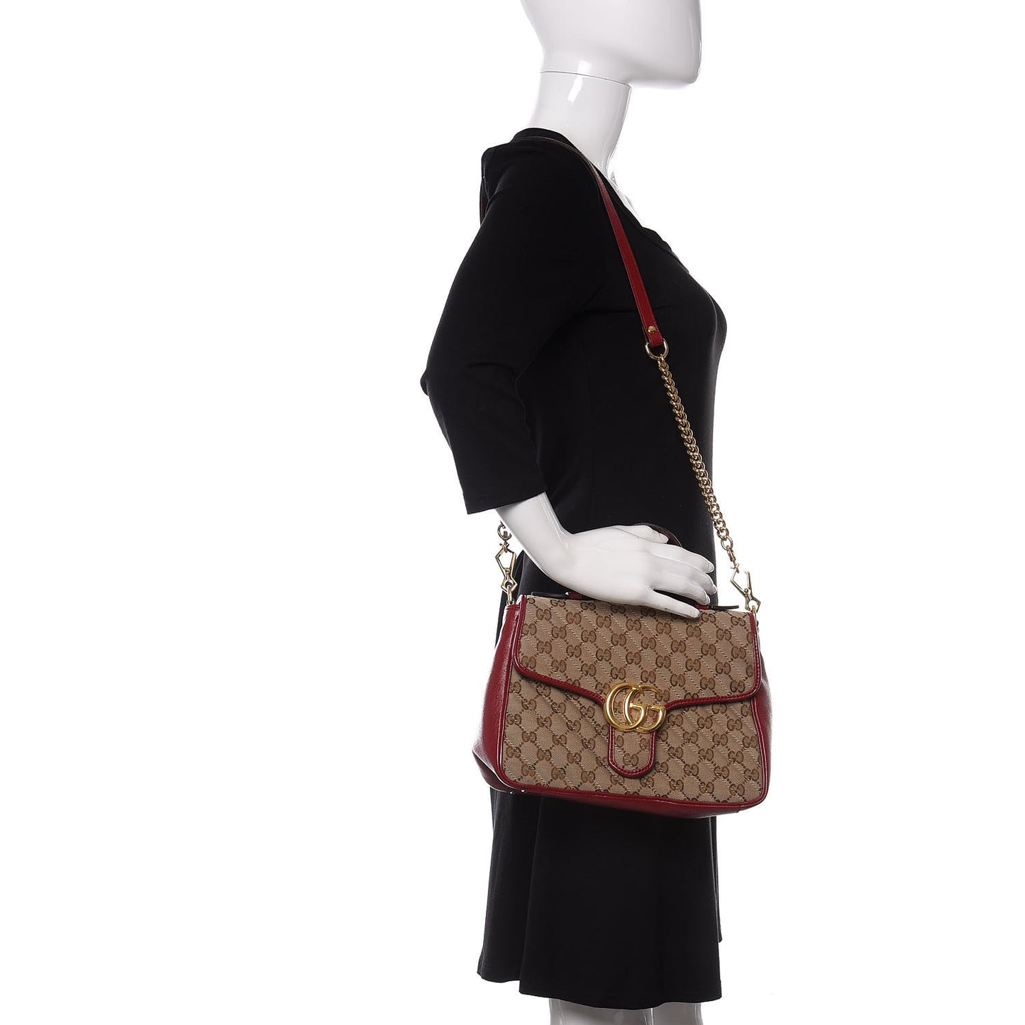 Monogram Azalea Calfskin Matelasse Diagonal Small GG Marmont Top Handle Shoulder Bag Beige Ebony New Cherry Red