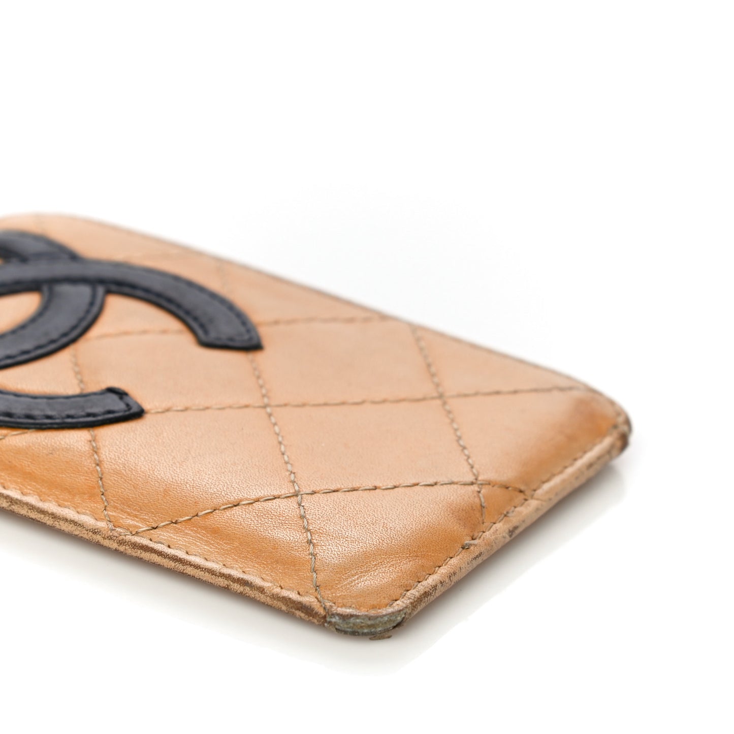 Calfskin Quilted Cambon Card Holder Beige Black
