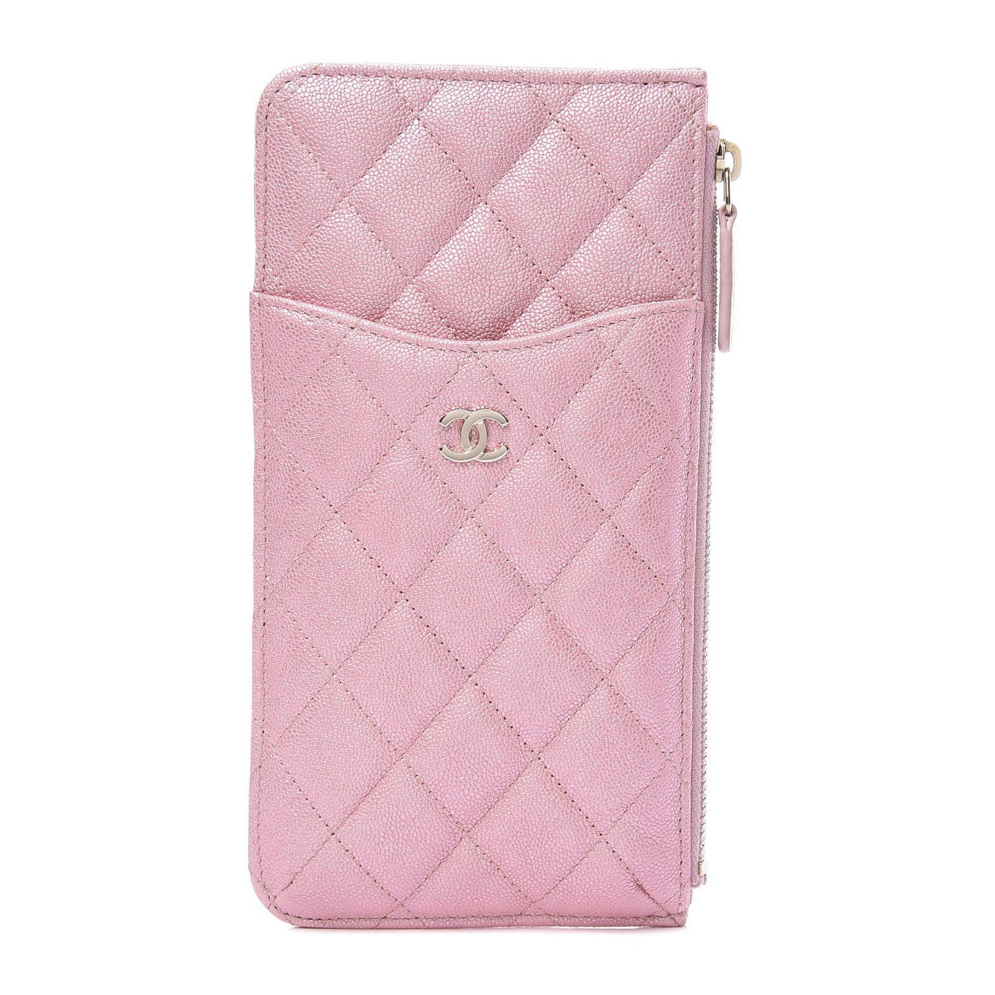 Iridescent Caviar Quilted Classic Flat Wallet Pouch Pink