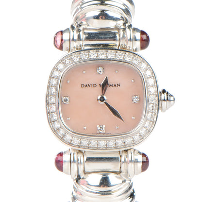 David Yurman Sterling Silver Diamond Bezel Pink Mother of Pearl Pink Tourmaline 21mm Classic Cable Quartz Watch 1 of 5