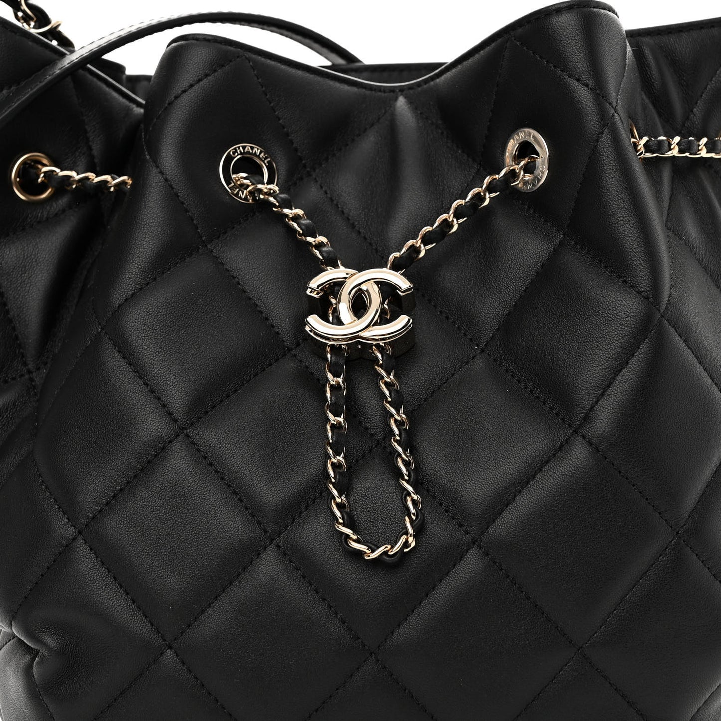 Lambskin Quilted CC Dweller Drawstring Bucket Bag Black