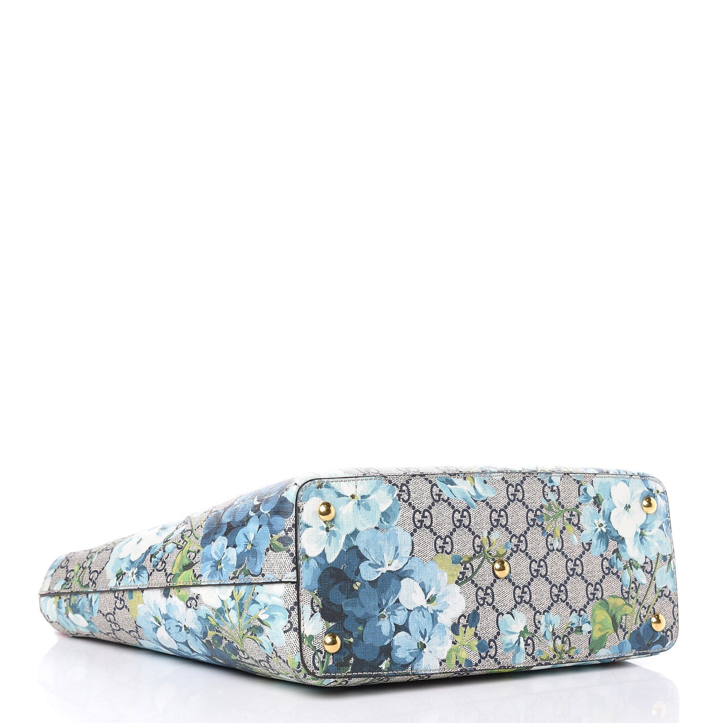 GG Supreme Monogram Blooms Medium Zippered Bucket Tote Beige Blue Navy Hibiscus Red