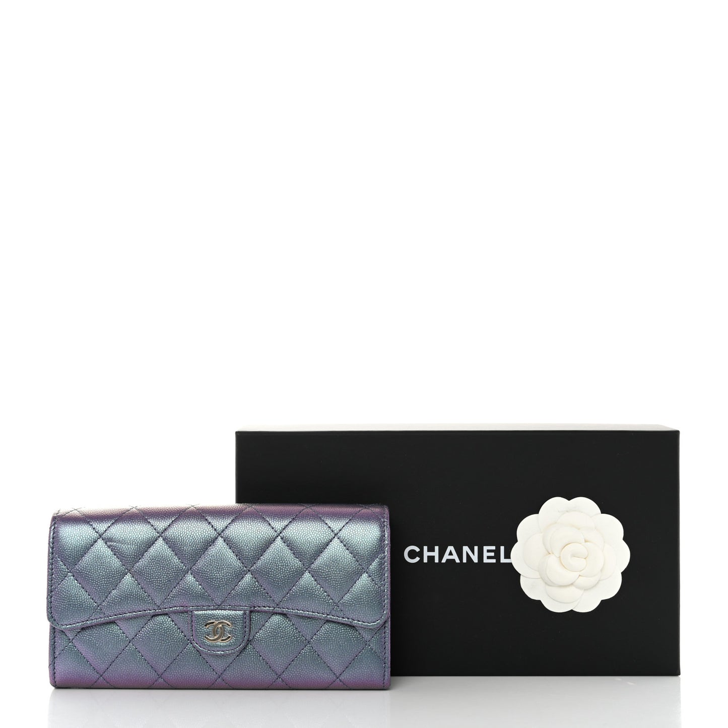 Iridescent Caviar Quilted Large Gusset Flap Wallet Dark Blue