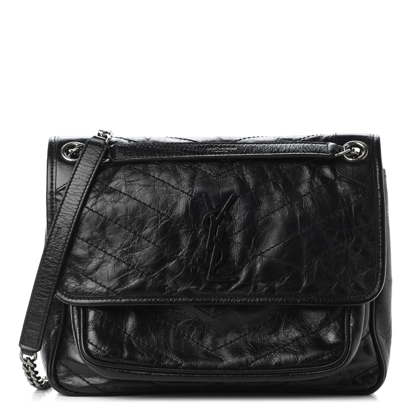 Crinkled Calfskin Matelasse Monogram Medium Niki Chain Satchel Black