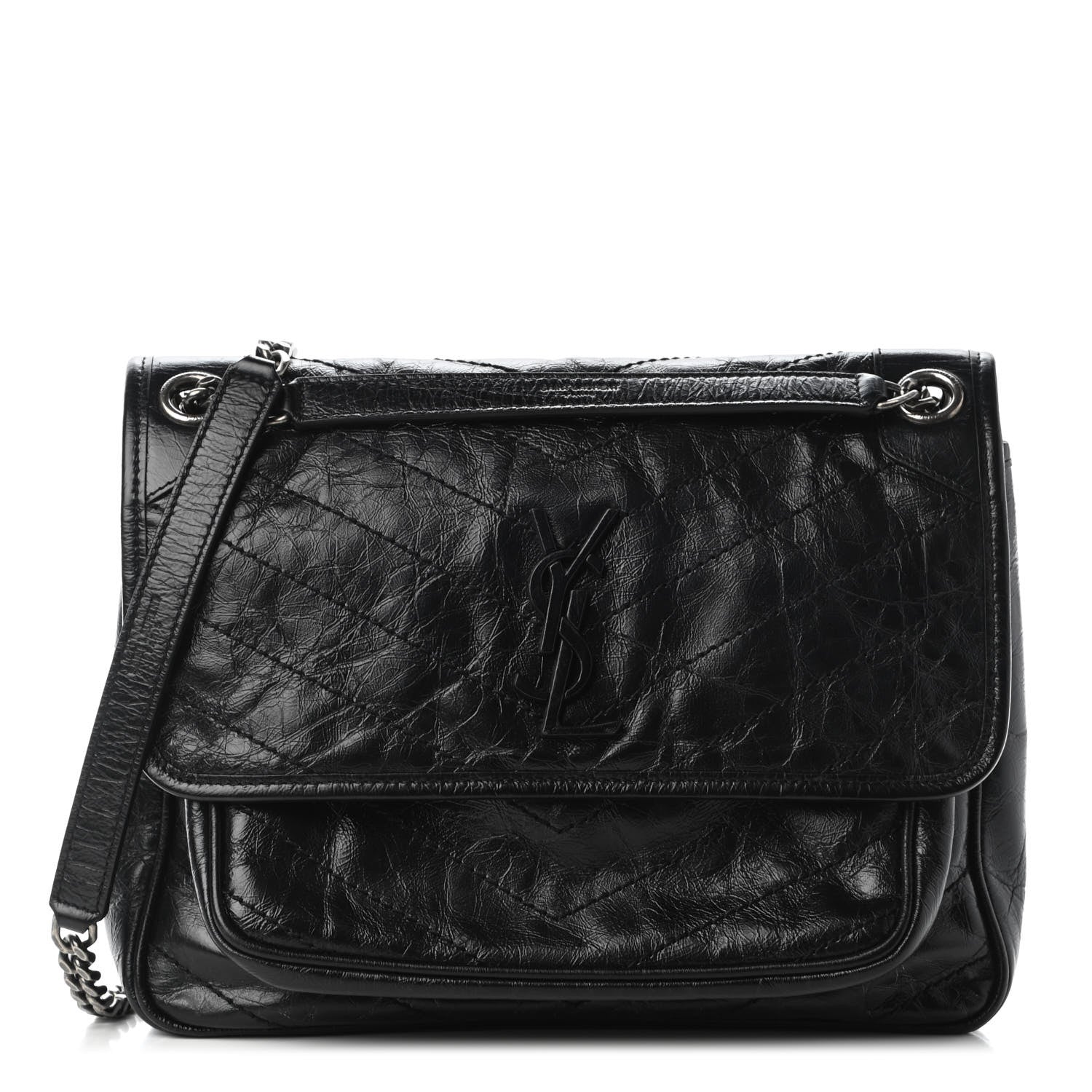 Saint Laurent Crinkled Calfskin Matelasse Monogram Medium Niki Chain Satchel Black 1 of 8