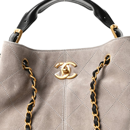 Chanel Suede Calfskin Shiny Lambskin Quilted Coco Base Shopping Bag Grey Black 8 of 11