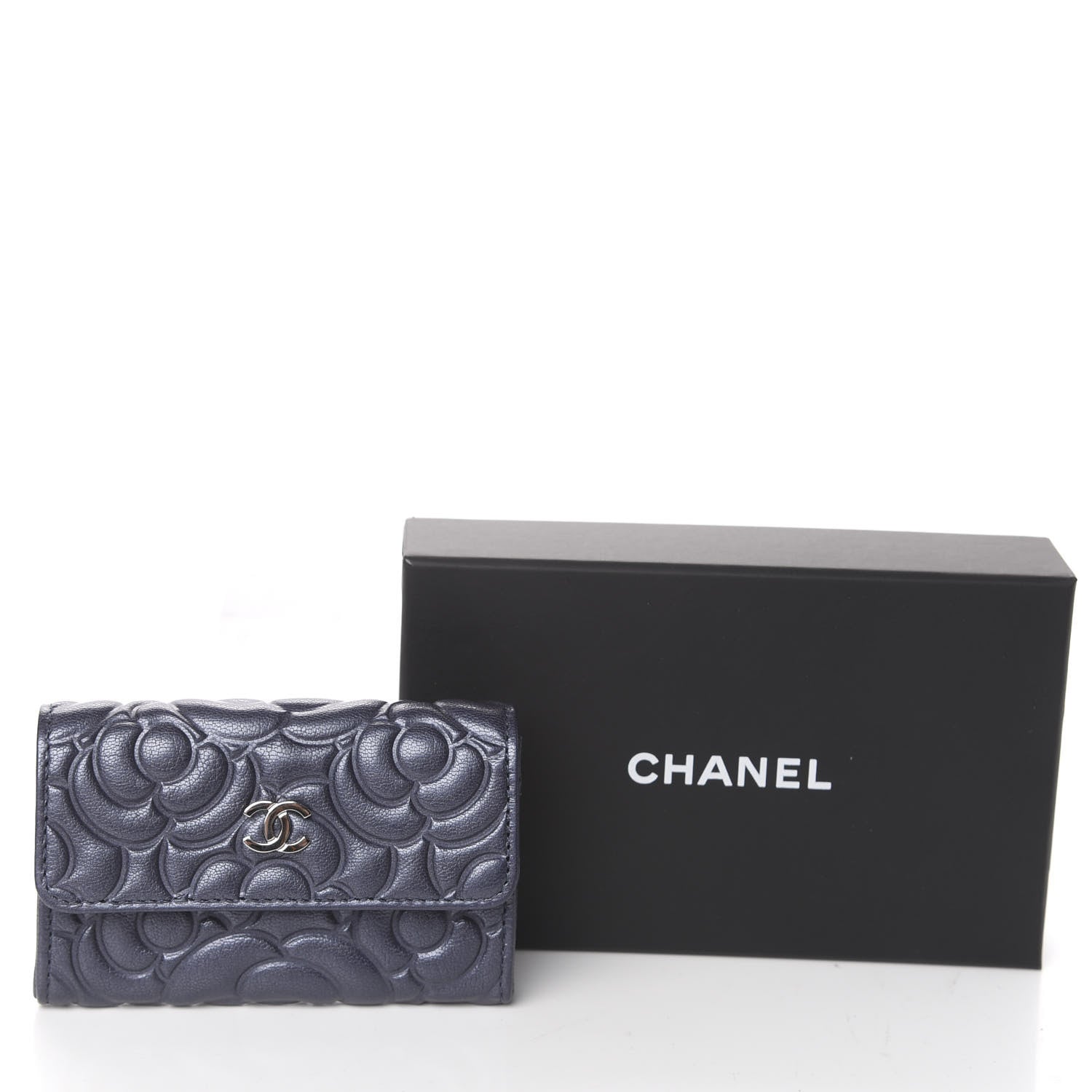 Chanel Goatskin Camellia Embossed Flap Card Holder Wallet Grey 9 of 9
