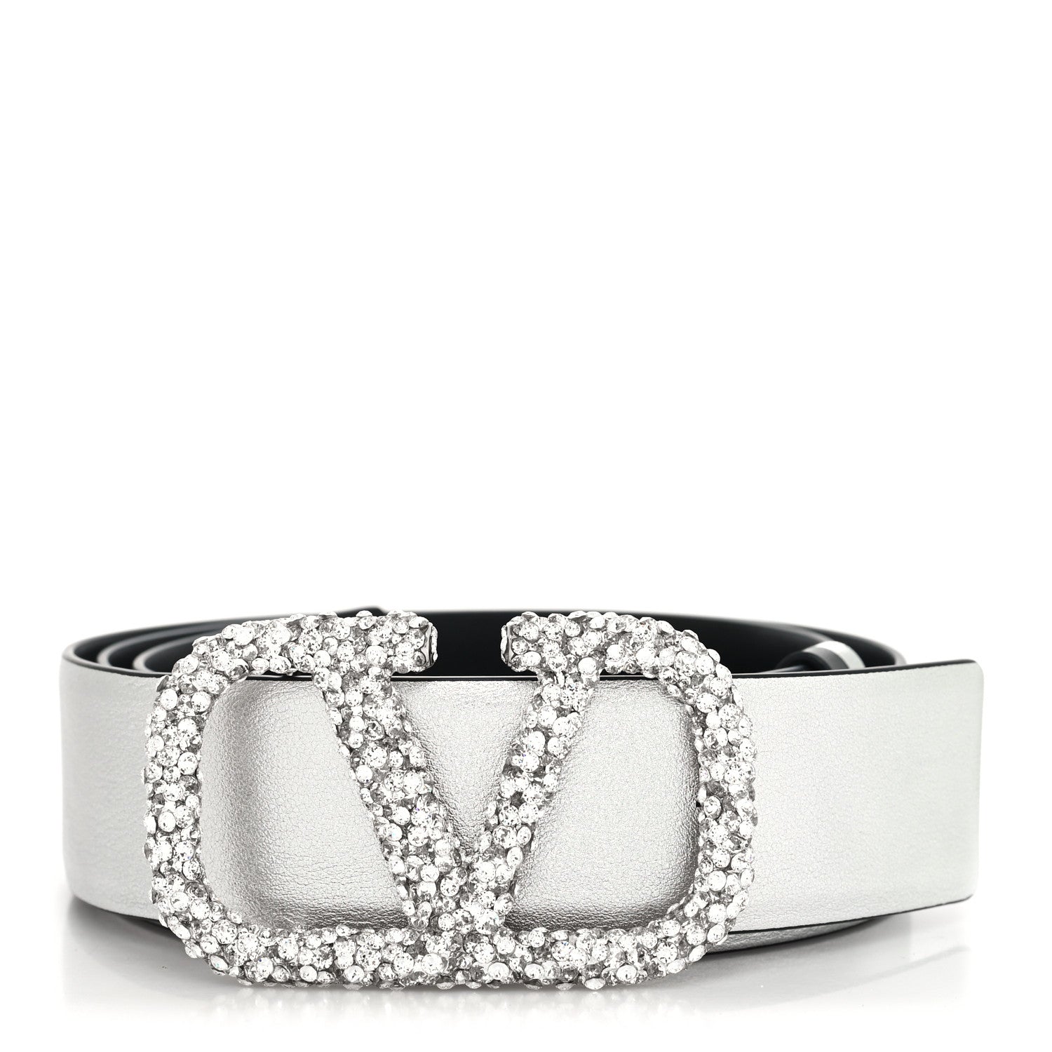 Valentino Garavani Metallic Calfskin Crystal VLogo 40mm Belt 95 38 Silver 1 of 5