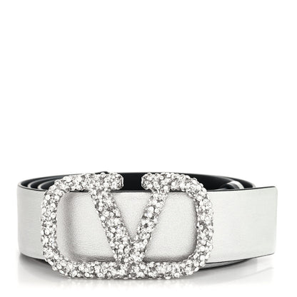 Valentino Garavani Metallic Calfskin Crystal VLogo 40mm Belt 95 38 Silver 1 of 5