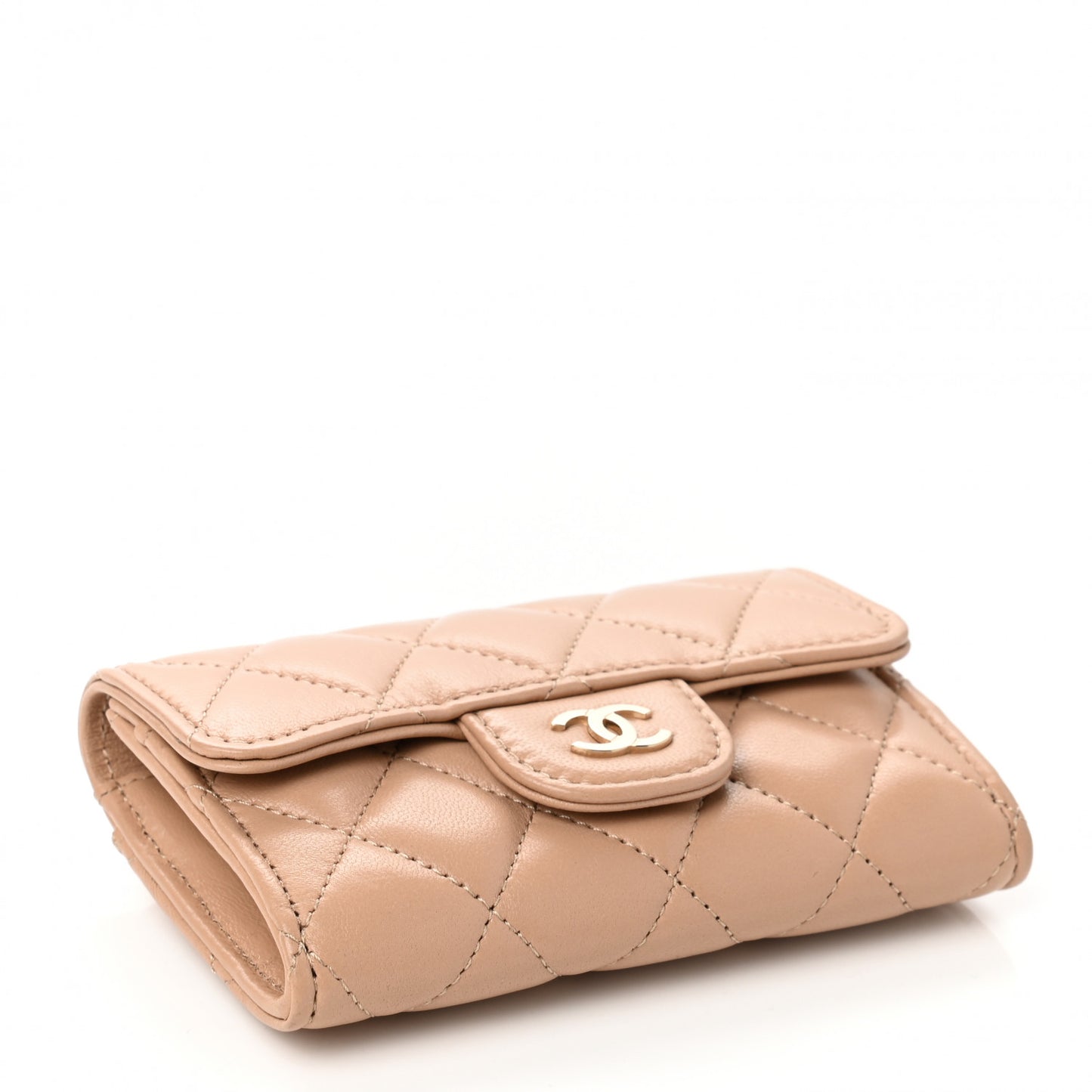 Lambskin Quilted Flap Card Holder Wallet Beige