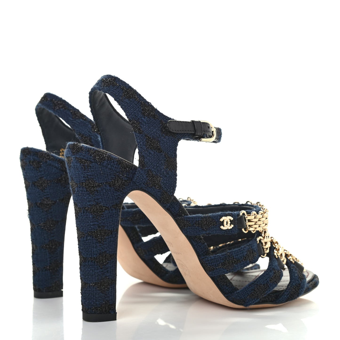 Metallic Tweed Gladiator Chain Sandals 40.5 Blue Gold