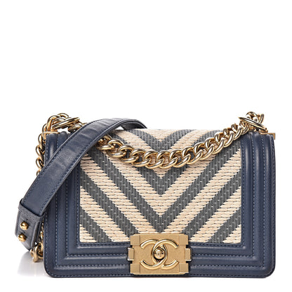 Chanel Fabric Chevron Braided Small Boy Flap Blue Ivory 1 of 12