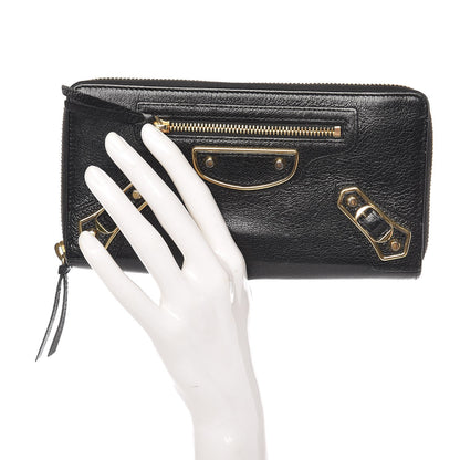 Balenciaga Chevre Gold Metallic Edge Hardware Zip Around Wallet Black 2 of 10