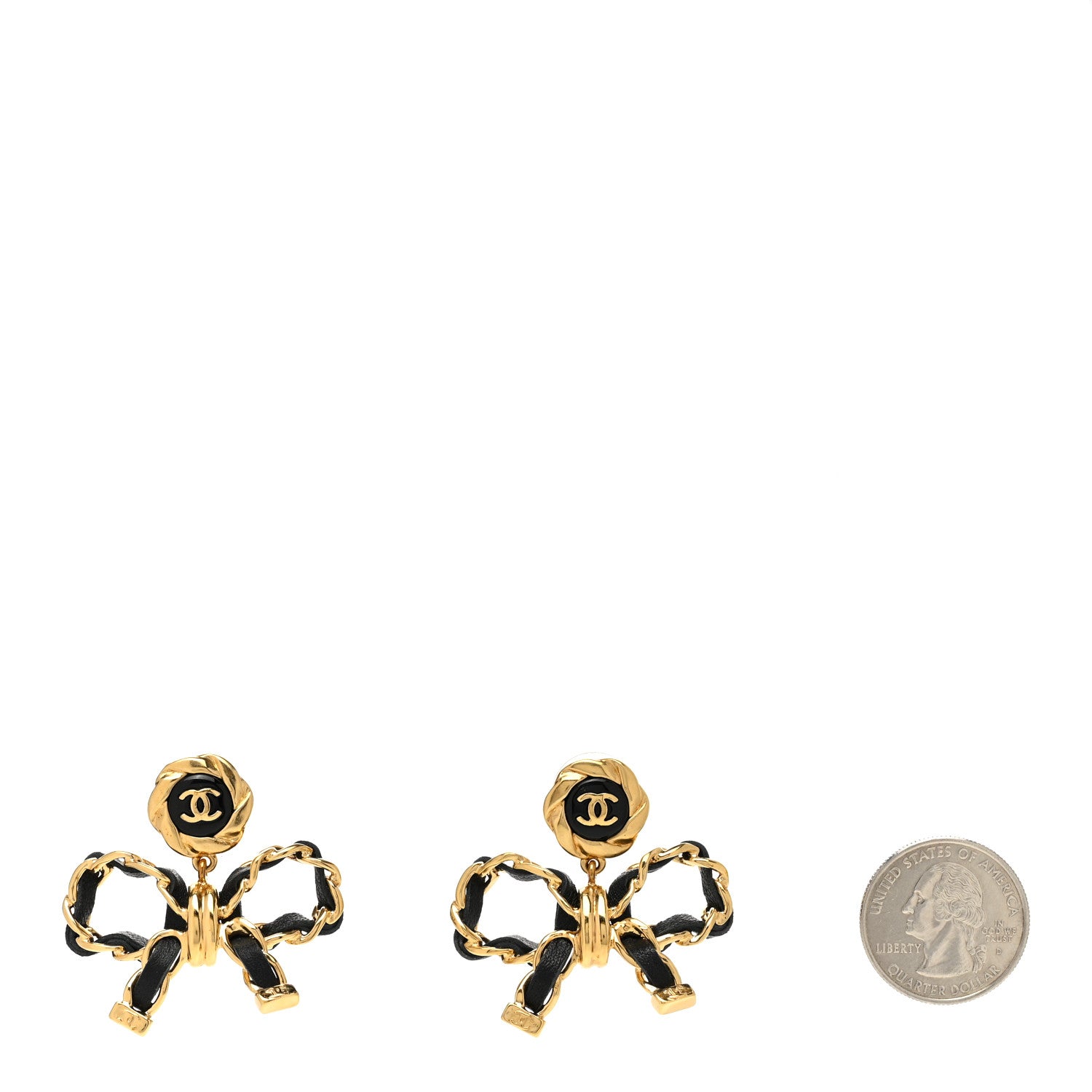 Chanel Lambskin Chain Bow Drop Earrings Black Gold 2 of 4
