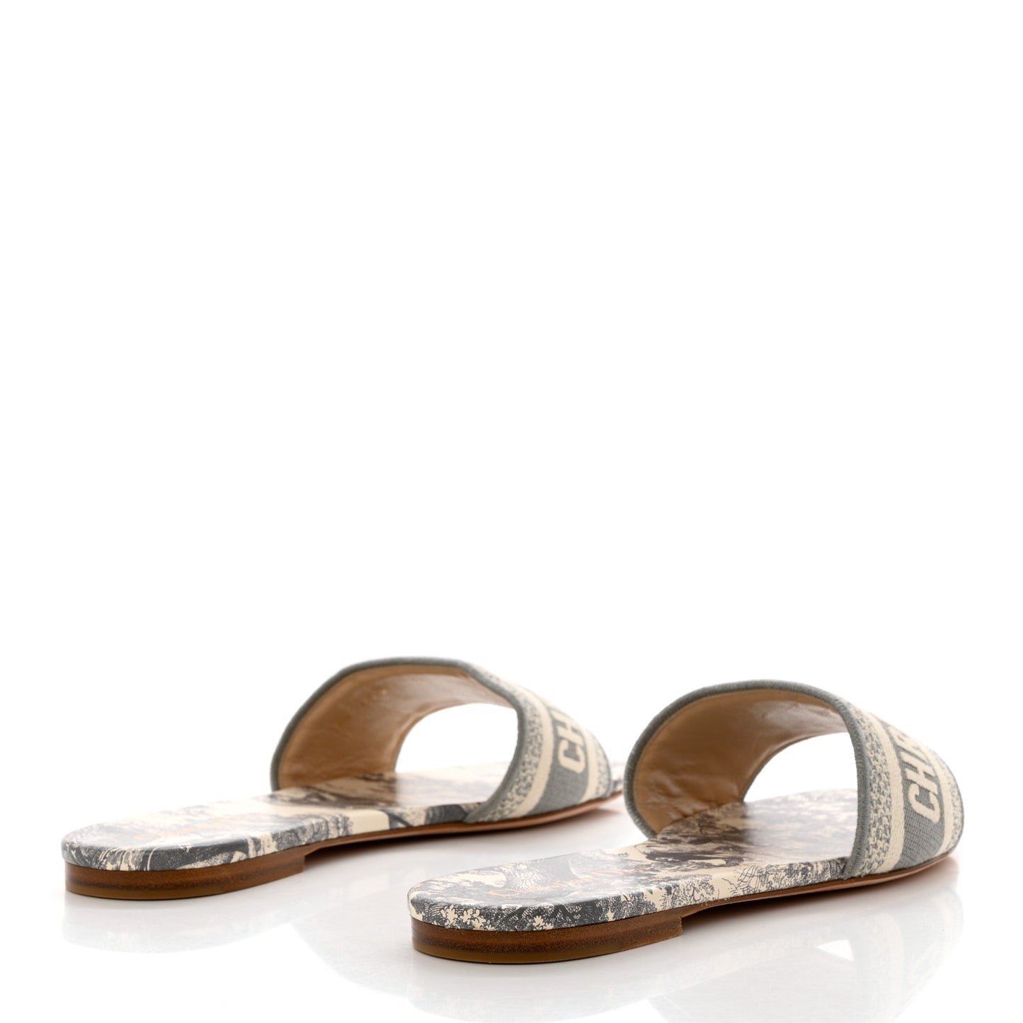 Canvas Toile de Jouy Embroidered Dway Flat Slide Sandals 39.5 Light Grey