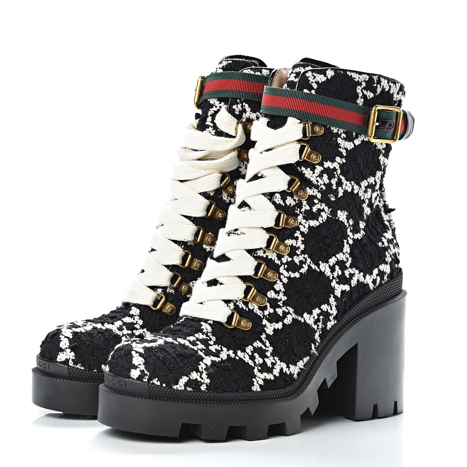 Gucci Tweed GG Monogram Lace Up Combat Ankle Boots 40 Black 3 of 10