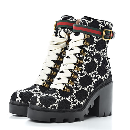 Gucci Tweed GG Monogram Lace Up Combat Ankle Boots 40 Black 3 of 10