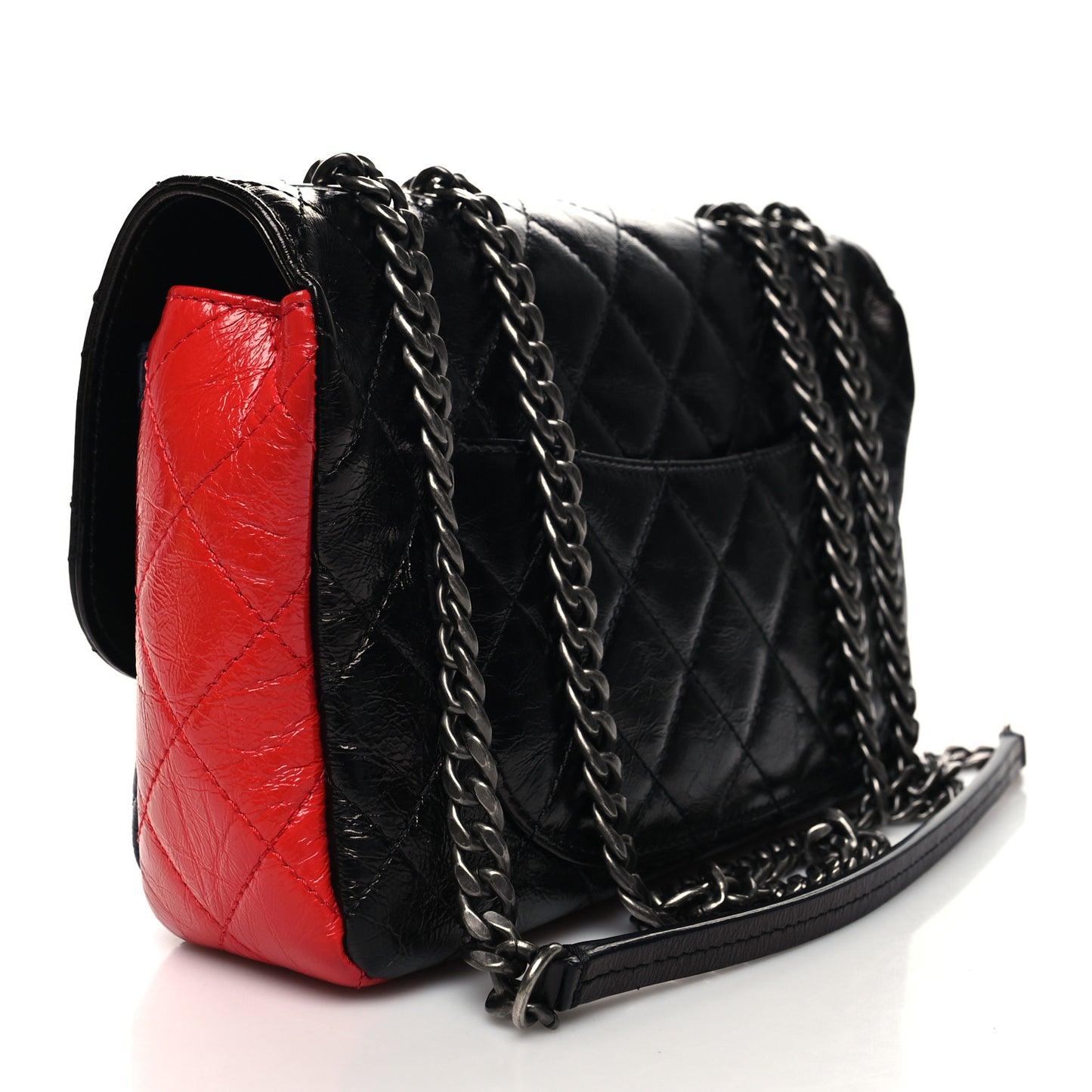 Shiny Goatskin Quilted Tri-Color Flap Black Red Navy