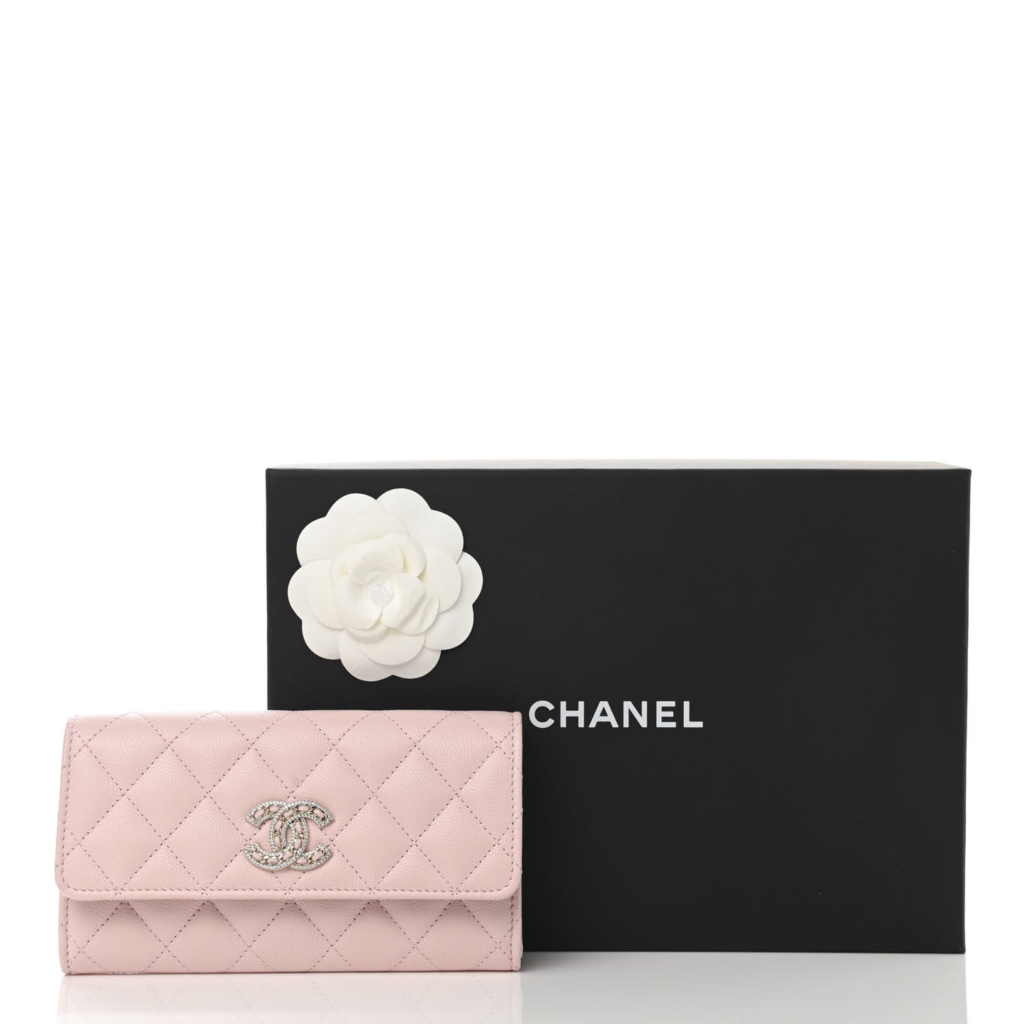Caviar Quilted Crystal CC Large Gusset Flap Wallet Pink