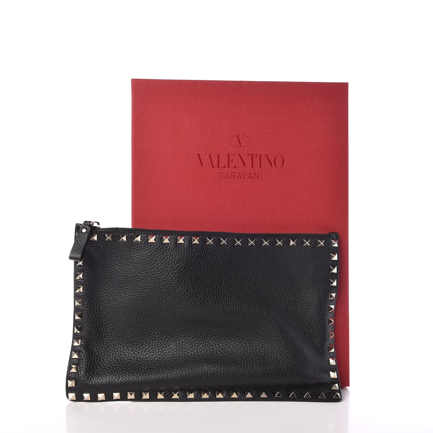 Pebbled Calfskin Large Rockstud Zip Pouch Black