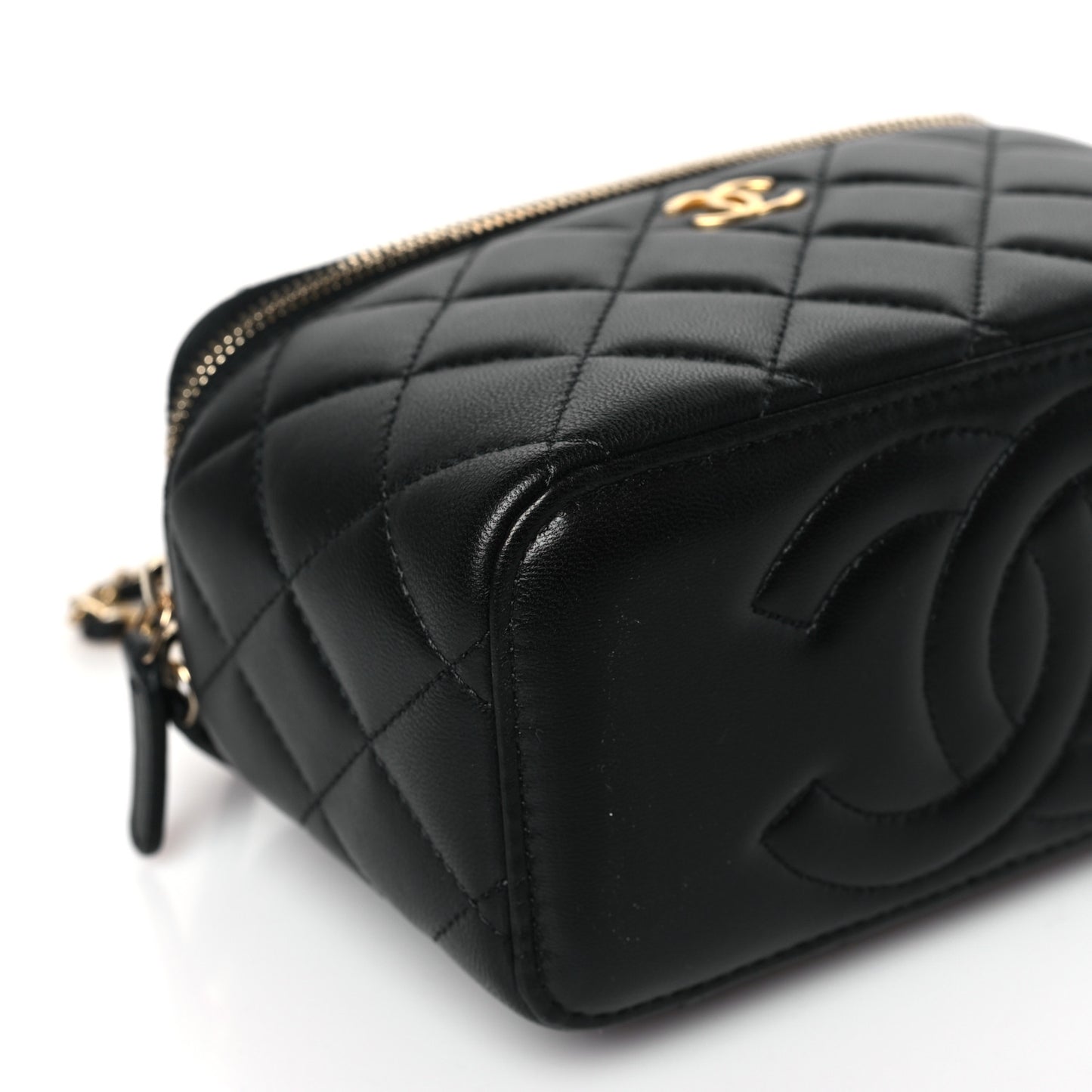 Lambskin Quilted Metal Small Top Handle Vanity Case With Chain Black